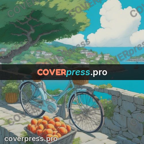 Ghibli style drawing of a person: bicycle with a fruit basket