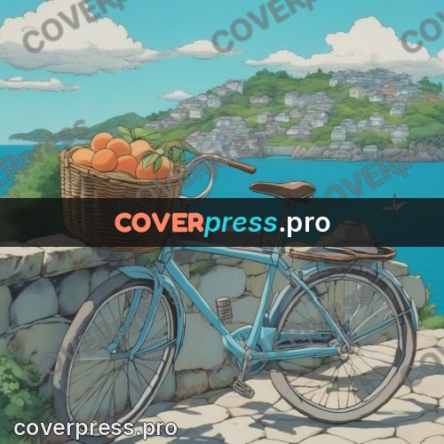 Ghibli style drawing of a person: bicycle with a fruit basket