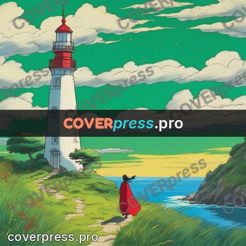 Ghibli style drawing of a person: lighthouse on a green slope