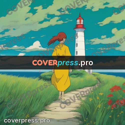 Ghibli style drawing of a person: lighthouse on a green slope