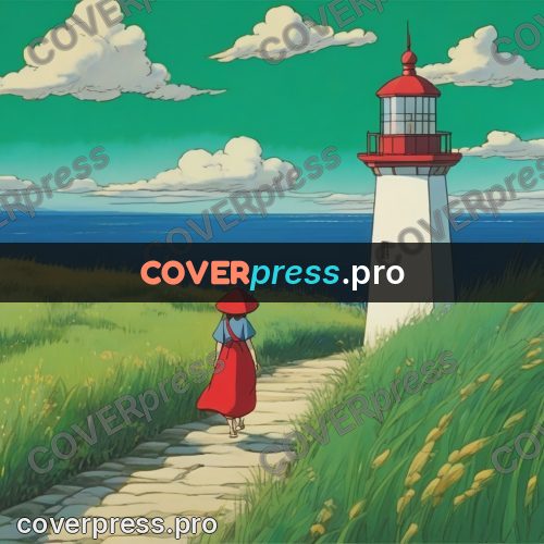 Ghibli style drawing of a person: lighthouse on a green slope