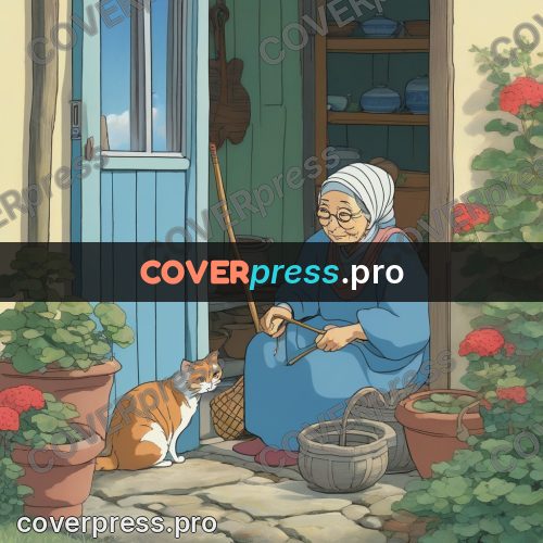 Ghibli style drawing of a person: old woman with cats