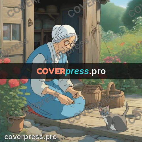 Ghibli style drawing of a person: old woman with cats