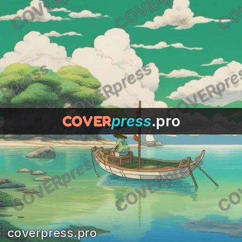 Ghibli style drawing of a person: wooden boat by the shore