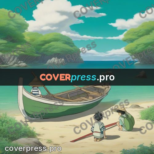 Ghibli style drawing of a person: wooden boat by the shore