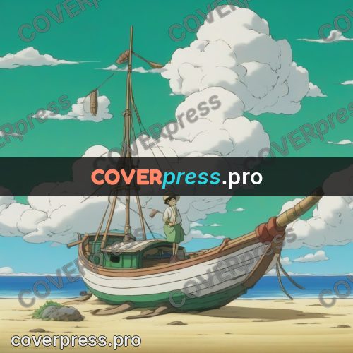Ghibli style drawing of a person: wooden boat by the shore