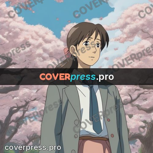 Ghibli style drawing of a person: girl under cherry blossom