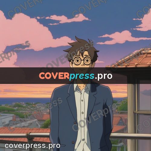 Ghibli style drawing of a person: young man in glasses at sunset