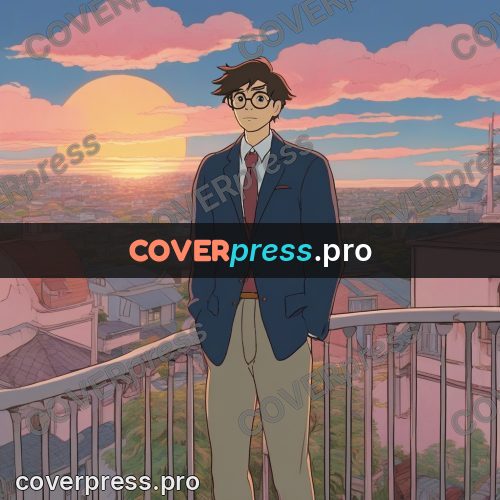 Ghibli style drawing of a person: young man in glasses at sunset