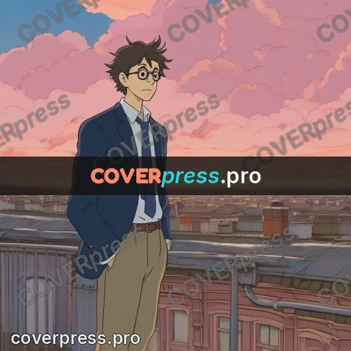 Ghibli style drawing of a person: young man in glasses at sunset