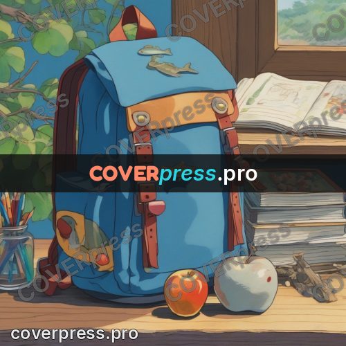 Ghibli style drawing of a person: blue backpack on a desk