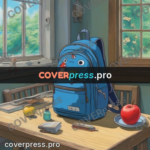 Ghibli style drawing of a person: blue backpack on a desk