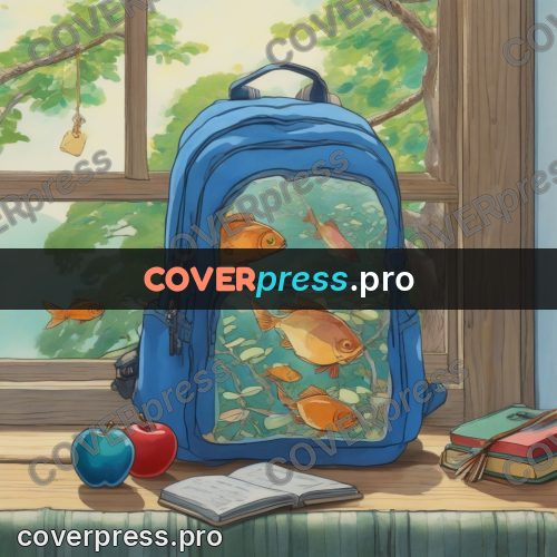 Ghibli style drawing of a person: blue backpack on a desk