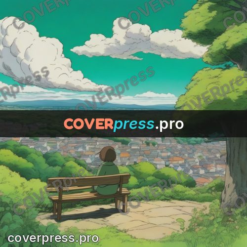 Ghibli style drawing of a person: figure on a hillside bench