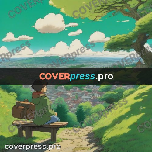 Ghibli style drawing of a person: figure on a hillside bench