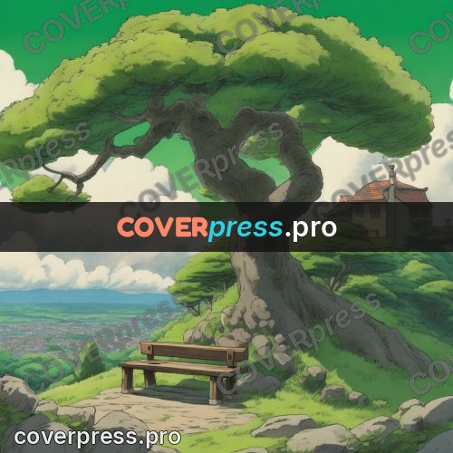 Ghibli style drawing of a person: figure on a hillside bench