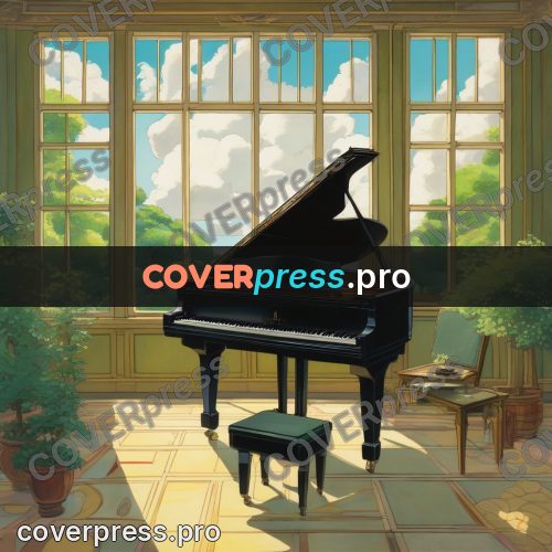 Ghibli style drawing of a person: grand piano in a bright room