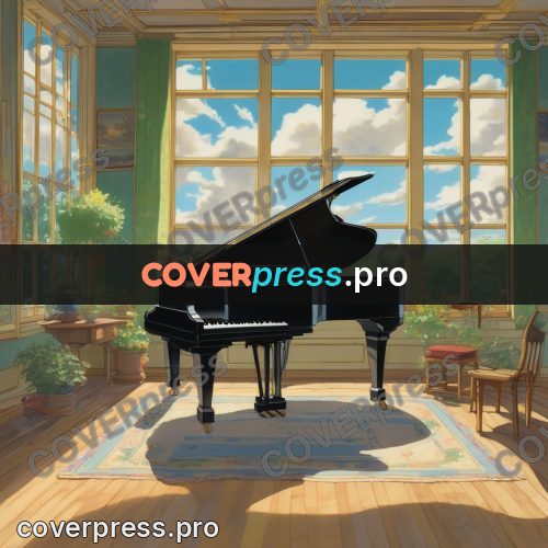 Ghibli style drawing of a person: grand piano in a bright room