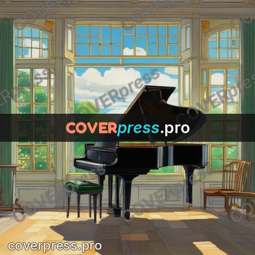 Ghibli style drawing of a person: grand piano in a bright room