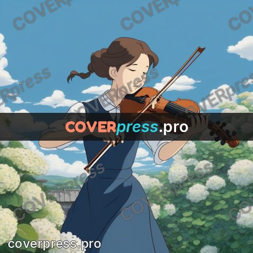 Ghibli style drawing of a person: girl with a violin among flowers