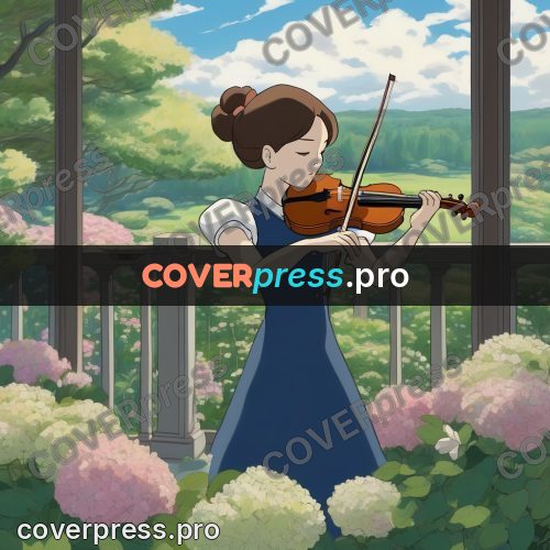 Ghibli style drawing of a person: girl with a violin among flowers
