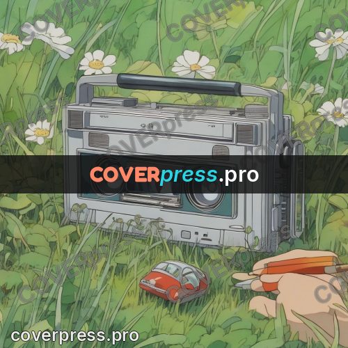 Ghibli style drawing of a person: cassette player in the grass