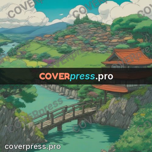Ghibli style drawing of a person: village by a river in greenery