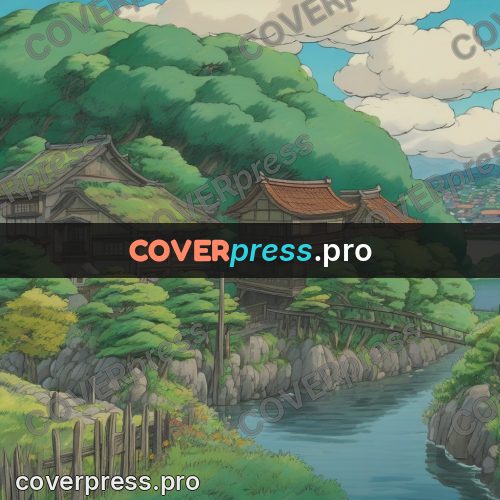 Ghibli style drawing of a person: village by a river in greenery