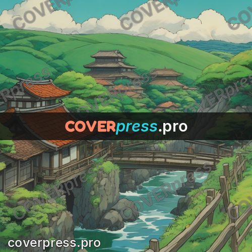 Ghibli style drawing of a person: village by a river in greenery