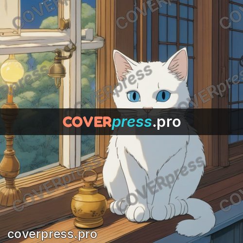 Ghibli style drawing of a person: white cat on a windowsill