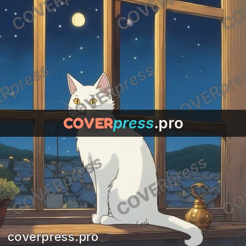 Ghibli style drawing of a person: white cat on a windowsill