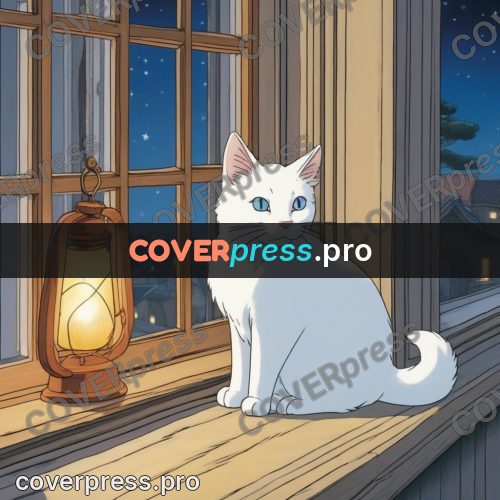 Ghibli style drawing of a person: white cat on a windowsill