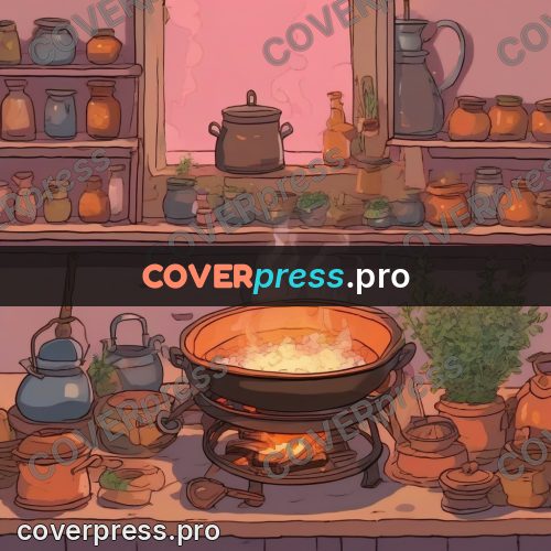 Ghibli style drawing of a person: cauldron over a fire