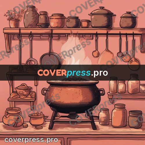 Ghibli style drawing of a person: cauldron over a fire