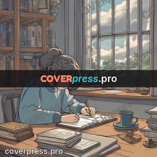 Ghibli style drawing of a person: girl writing at a desk