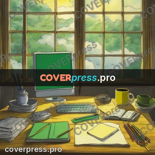 Ghibli style drawing of a person: desk by a window