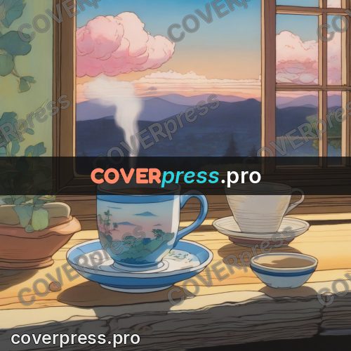 Ghibli style drawing of a person: cup of tea by a window