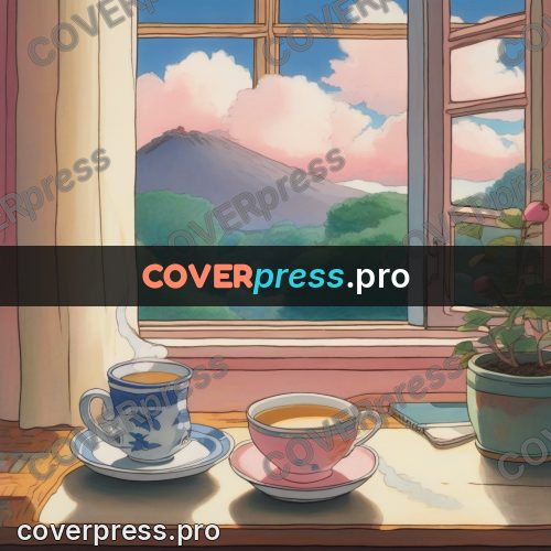 Ghibli style drawing of a person: cup of tea by a window