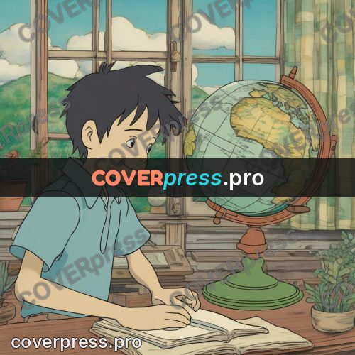 Ghibli style drawing of a person: boy with a globe