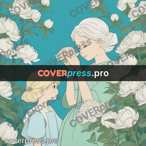 Ghibli style drawing of a person: woman among white peonies