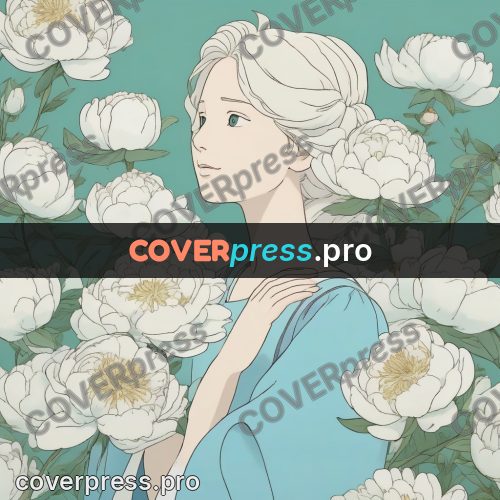 Ghibli style drawing of a person: woman among white peonies