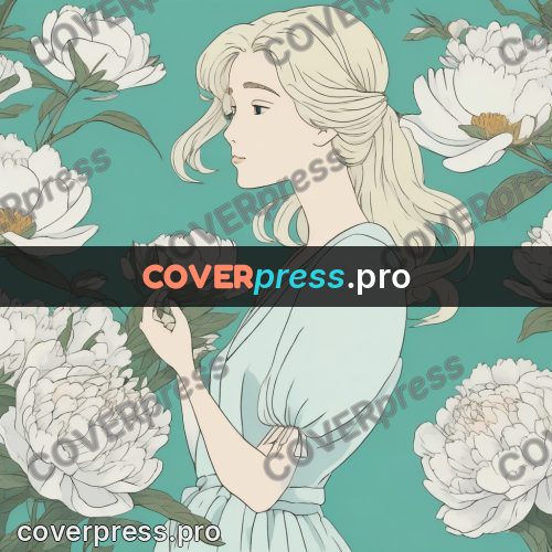 Ghibli style drawing of a person: woman among white peonies