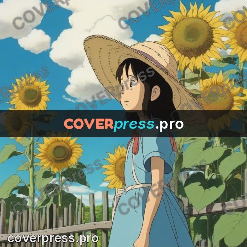 Ghibli style drawing of a person: girl among sunflowers