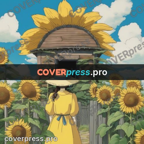 Ghibli style drawing of a person: girl among sunflowers
