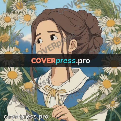 Ghibli style drawing of a person: girl with daisies in her hair