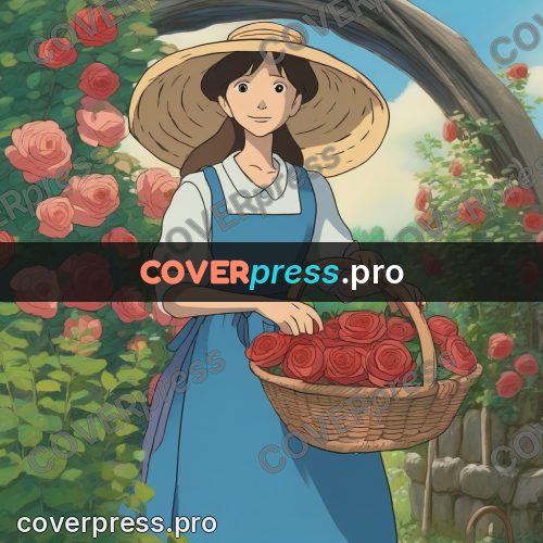 Ghibli style drawing of a person: girl with a basket of roses