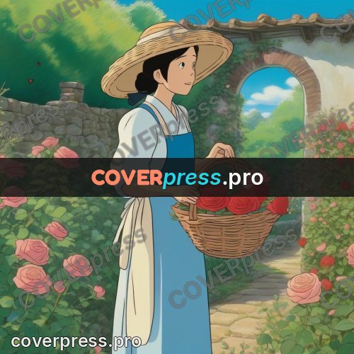 Ghibli style drawing of a person: girl with a basket of roses
