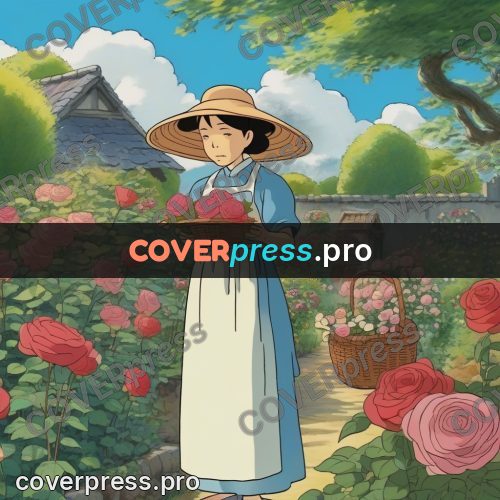 Ghibli style drawing of a person: girl with a basket of roses