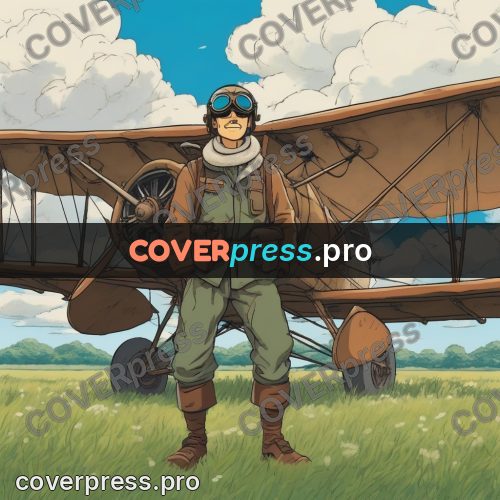 Ghibli style drawing of a person: pilot by a biplane