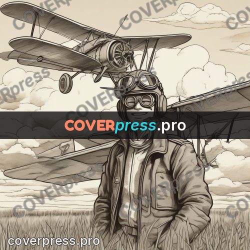 Ghibli style drawing of a person: pilot by a biplane